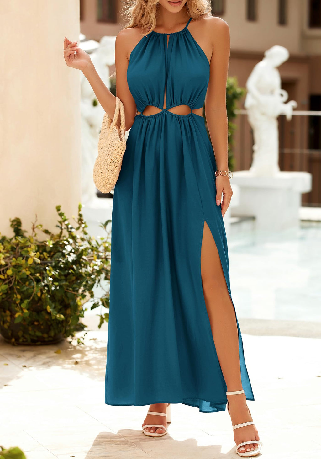 BTFBM Women Halter Summer Dresses Sleeveless Cutout Backless Sundress Slit Boho Maxi Beach Wedding Guest Dress