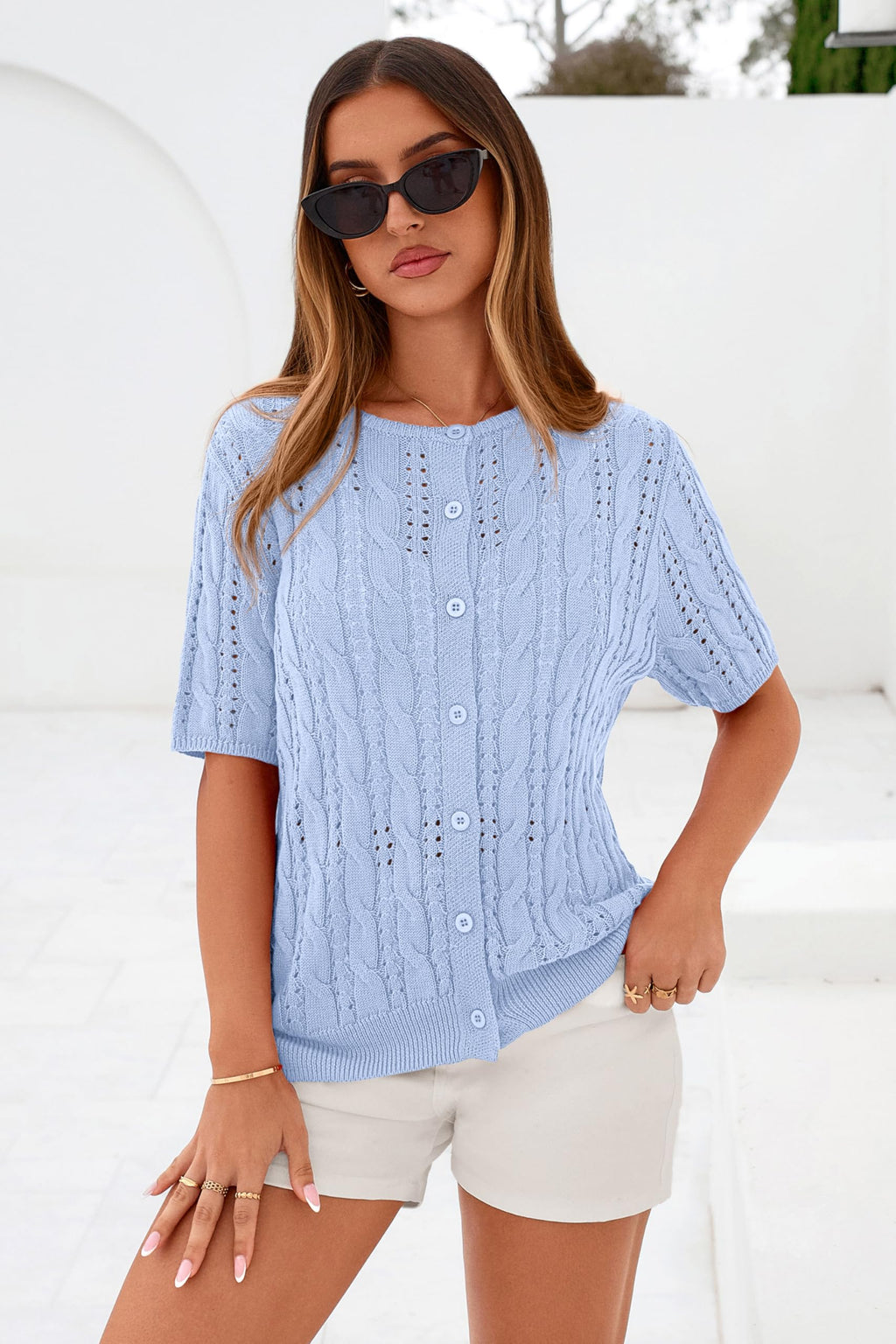 FreshPretty  Women Summer Cable Knit Crochet Cardigan Sweaters Casual Button Short Sleeve Sweater Cute Beach Hollow Out Knit Top