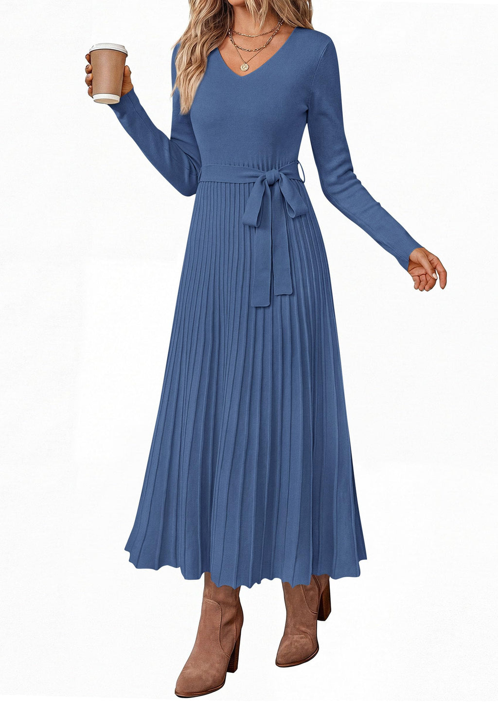 PRETTYGARDEN Womens Fall Maxi Long Sleeve Sweater Dress Soft Stretchy Knit, V Neck A Line Dresses with Bow, Flowy Pleated Hem, Cocktail Party Outfits, Trendy Winter Clothes