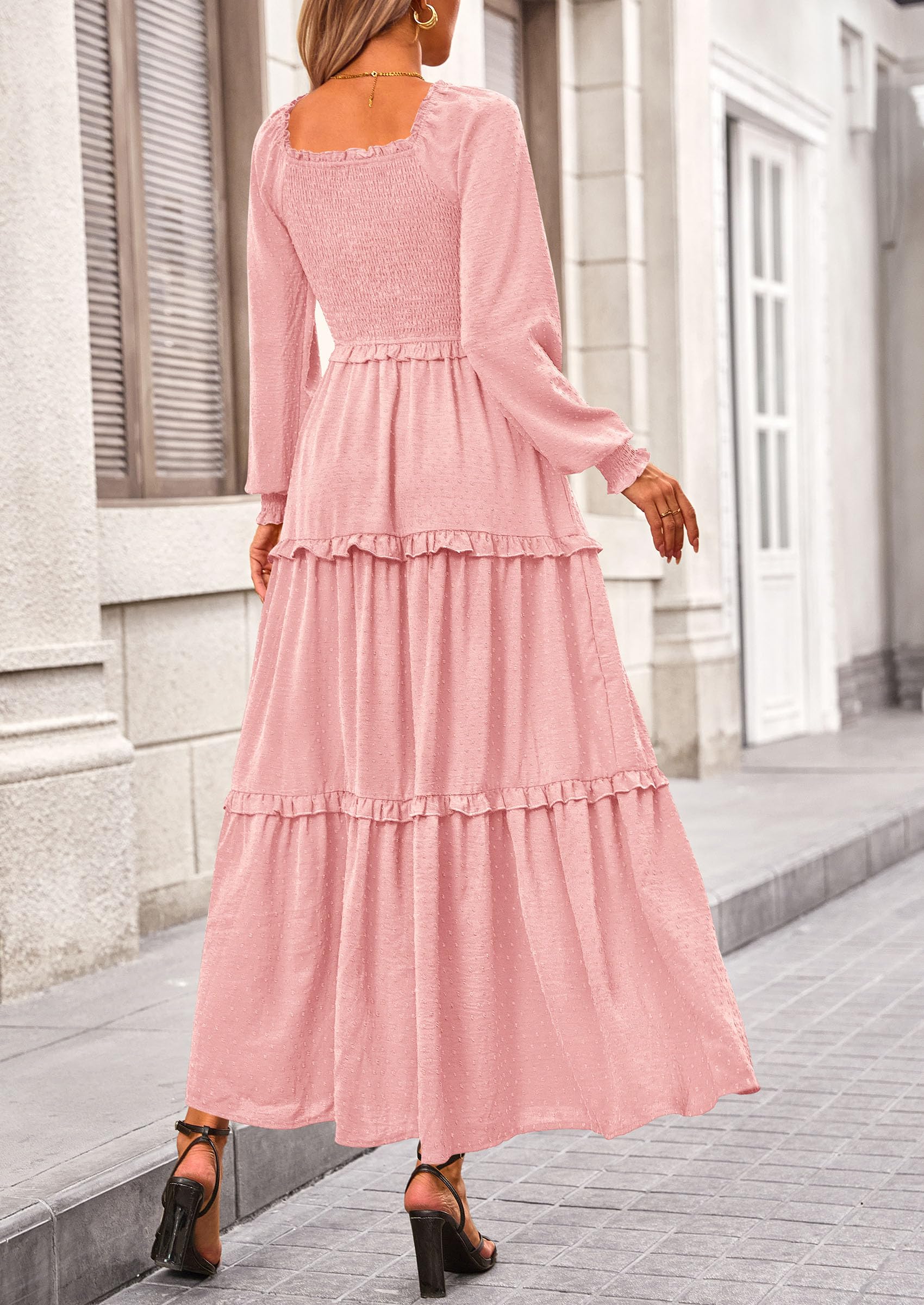 PRETTYGARDEN Fall Dresses for Women Long Sleeve Smocked Square Neck Swiss Dot Tiered Flowy Wedding Guest Maxi Dress