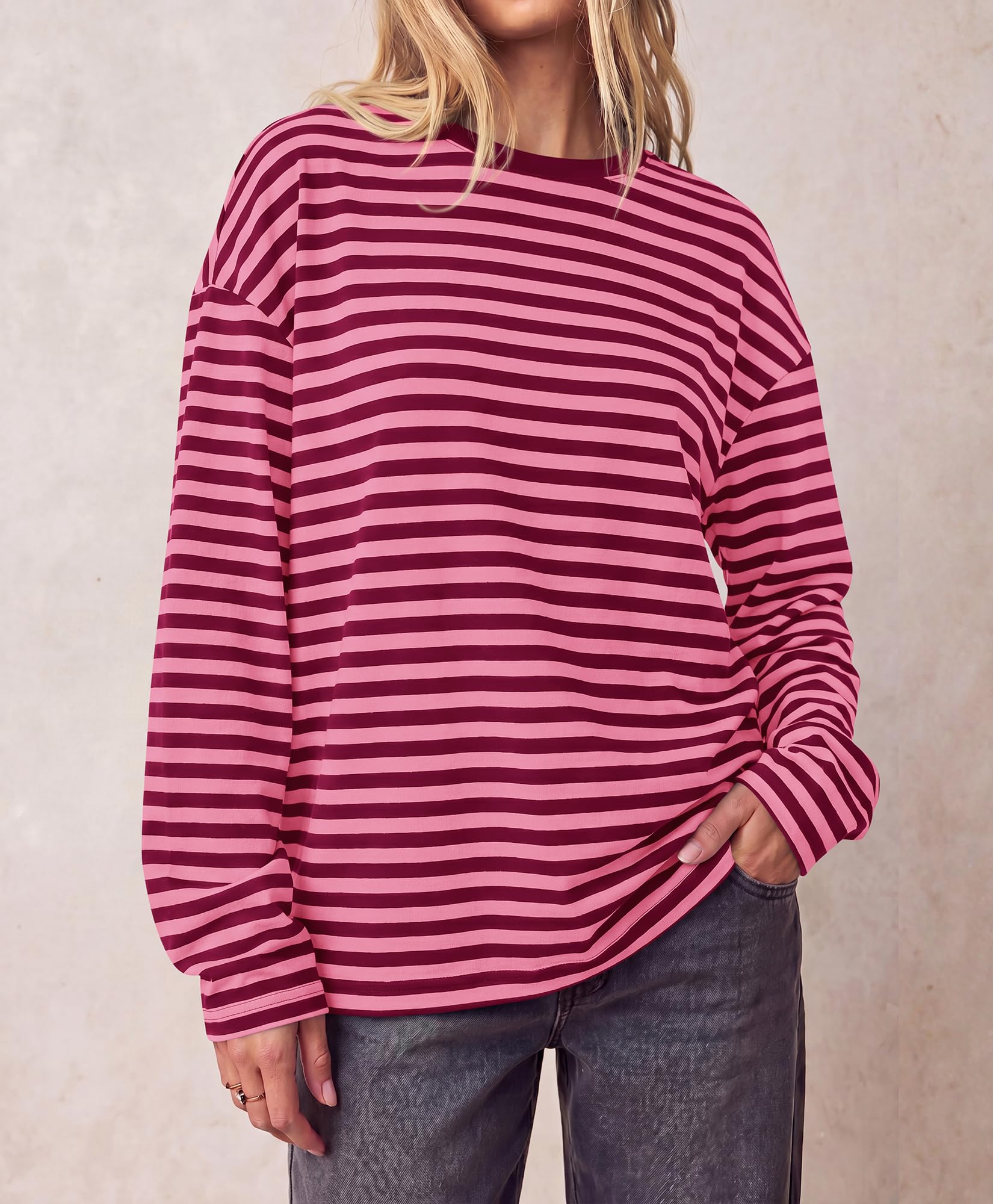 BTFBM Womens Long Sleeve Tops Fall Fashion | Lightweight, Crew Neck, Oversized Striped Shirt Women, Y2k Clothes, Vacation Travel Outfits, Going Out Top, Winter Layering