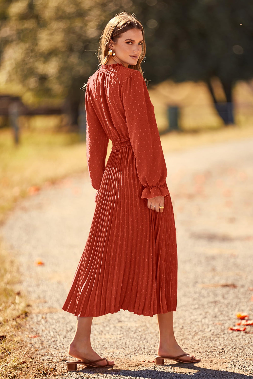 PRETTYGARDEN Women's Spring Fall Midi Dress Casual Long Sleeve V Neck Swiss Dot Pleated A Line Flowy Dresses