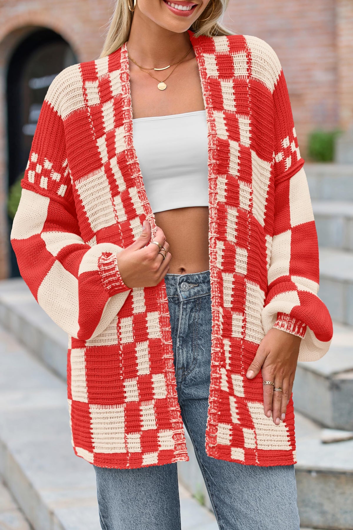 BTFBM Casual Cardigan Sweater for Women Fall Long Sleeve Sweaters Fall Outfits, Loose Fit,Solid,Open Front Chunky Knit Sweaters,Chunky Cardigan Sweaters For Women,Checkered Outwear Coat