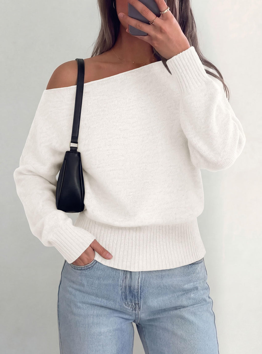 PRETTYGARDEN Womens Off The Shoulder Sweater Fall Fashion Soft Stretchy Knit Fabric, Batwing Long Sleeve Cinched Waist Cropped Sweaters, Date Night Outfit, Asymmetrical Going Out Tops