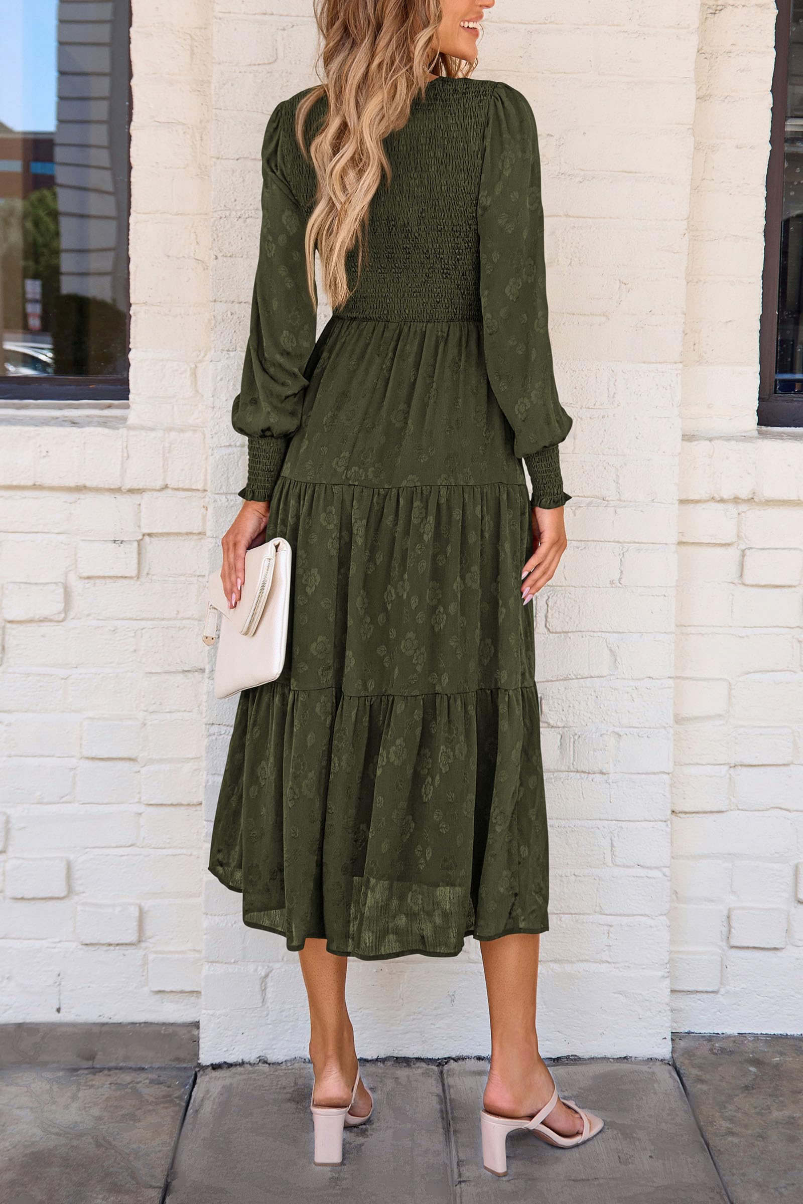 PRETTYGARDEN Women's Fall Spring Midi Dress Long Sleeve Floral Smocked Elegant Wedding Guest Long Flowy Dresses with Pockets