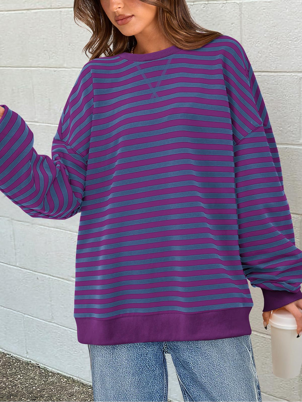 PRETTYGARDEN Womens Striped Oversized Sweatshirt Color Block Crew Neck Long Sleeve Casual Loose Pullover Top Y2K Clothes