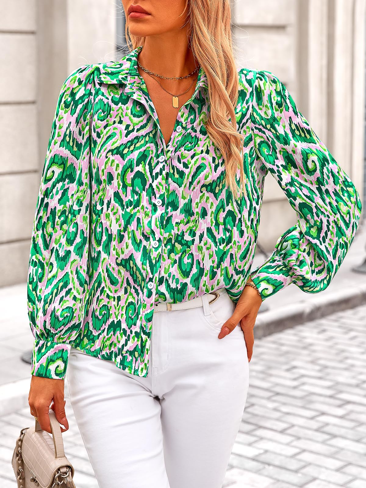 PRETTYGARDEN Women's Floral Blouses Dressy Casual V Neck Button Down Shirts Lantern Long Sleeve Boho Chiffon Spring Tops
