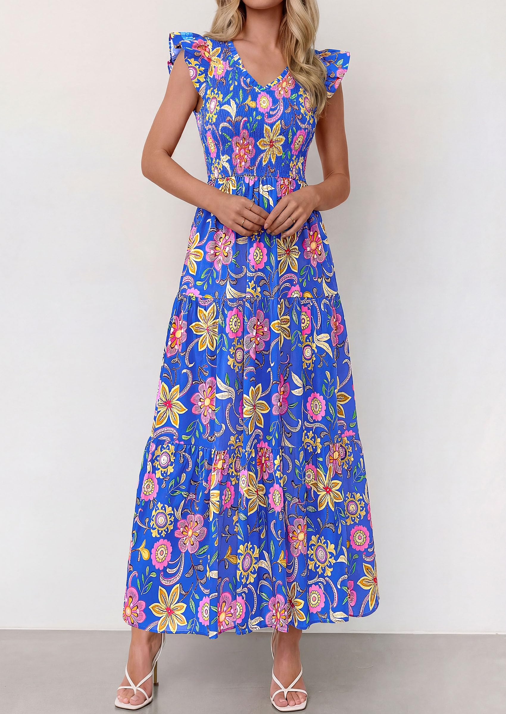 PRETTYGARDEN Women's Boho Floral Maxi Dress Summer Smocked V Neck Ruffle Sleeve Spring Flowy Beach Vacation Sundresses