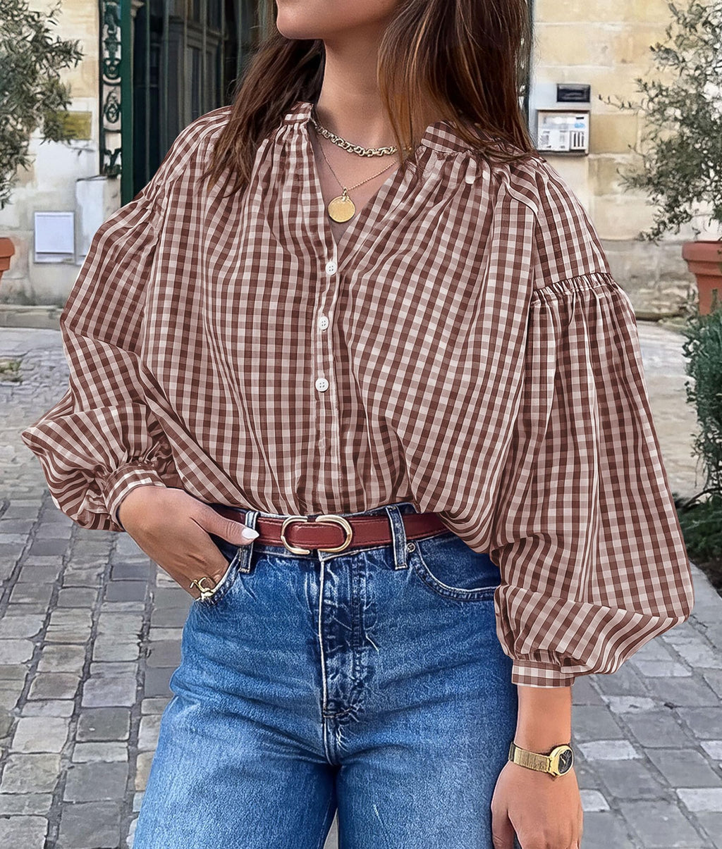 PRETTYGARDEN Women Fall Plaid Long Puff Sleeve Shirts V Neck Casual Blouses Gingham Button Down Oversized, Pleated Drop Shoulder Cotton Tops, Dressy Casual, Work Vacation Travel, Fall Outfits Trendy