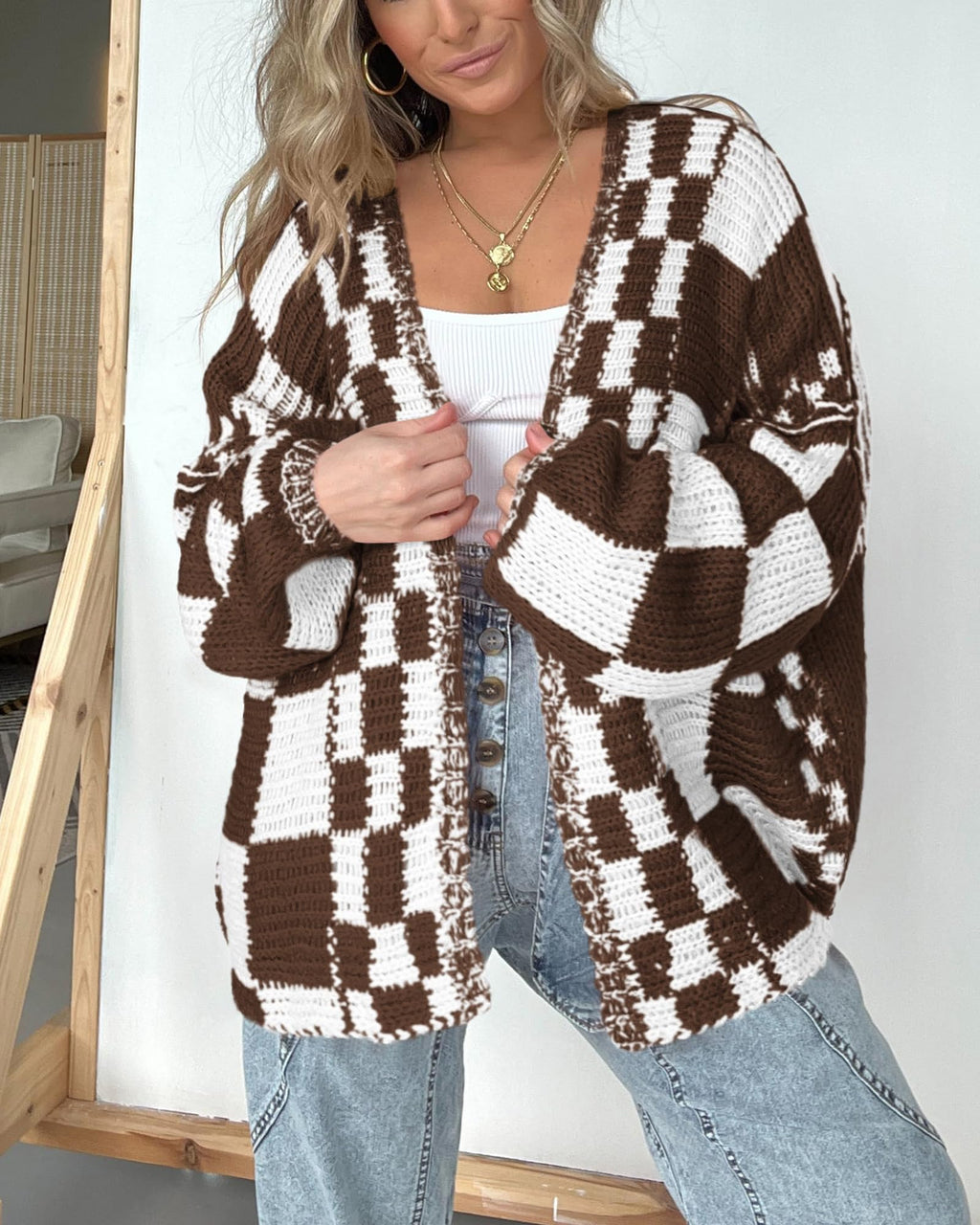 BTFBM Casual Cardigan Sweater for Women Fall Long Sleeve Sweaters Fall Outfits, Loose Fit,Solid,Open Front Chunky Knit Sweaters,Chunky Cardigan Sweaters For Women,Checkered Outwear Coat