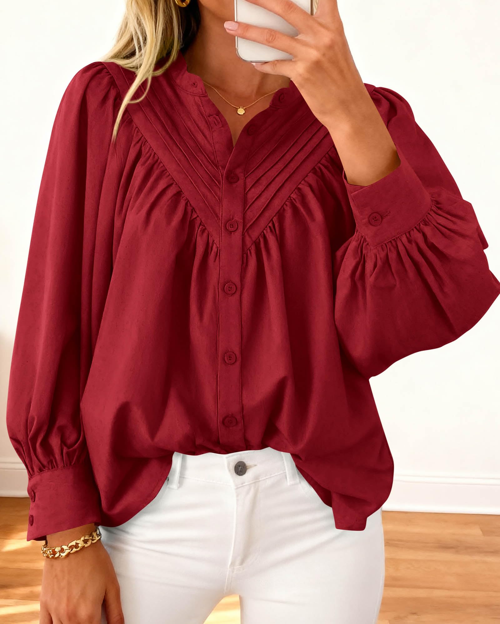 FreshPretty Blouses for Women Dressy Casual Fashion Clothing Long Sleeve Shirts Loose Fit Button Down Pleated Boho Going Out Tops