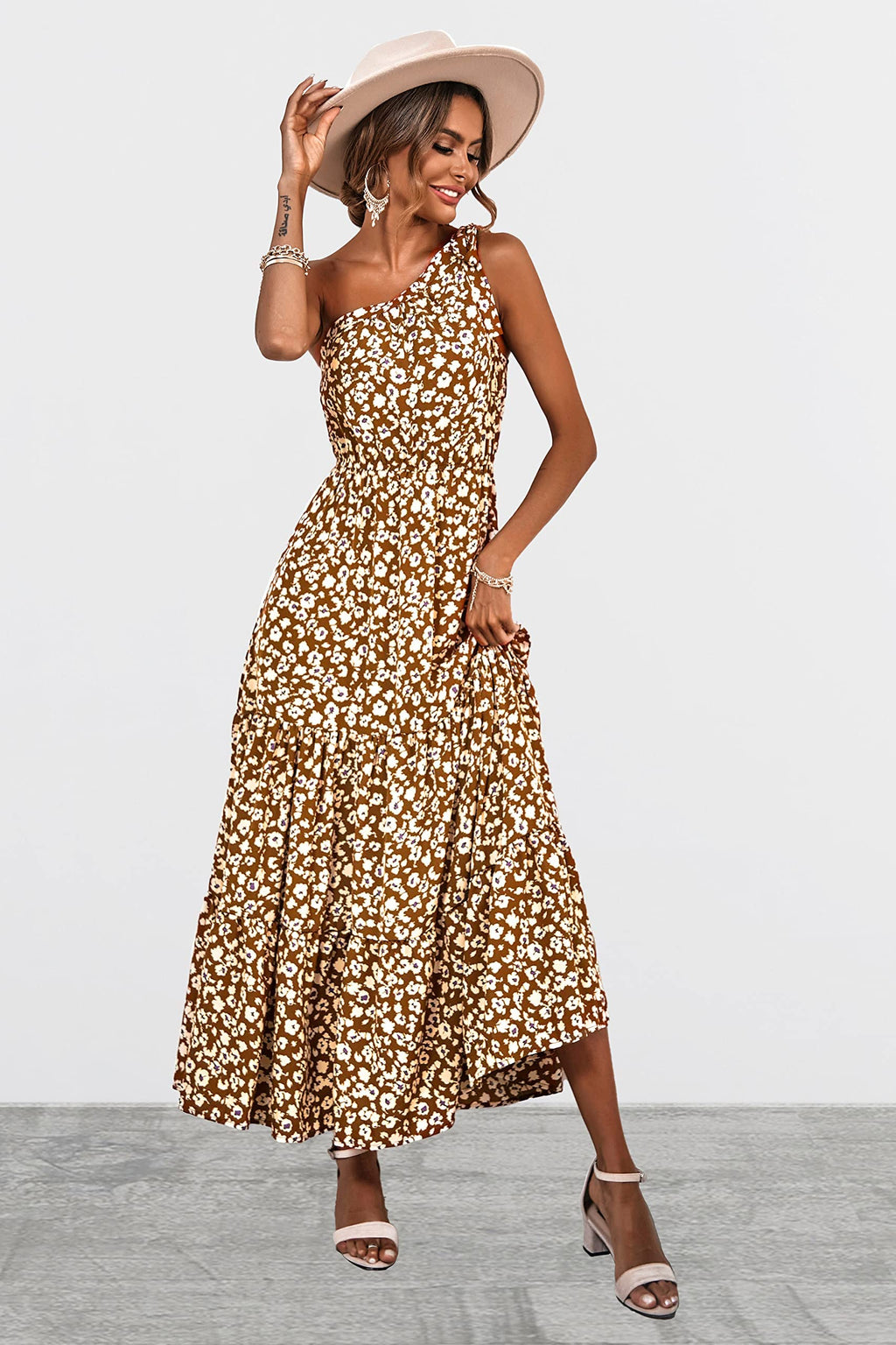 PRETTYGARDEN Women's Summer Floral One Shoulder Maxi Dress Knot Ruffle Boho Beach Vacation Wedding Guest Long Sun Dresses