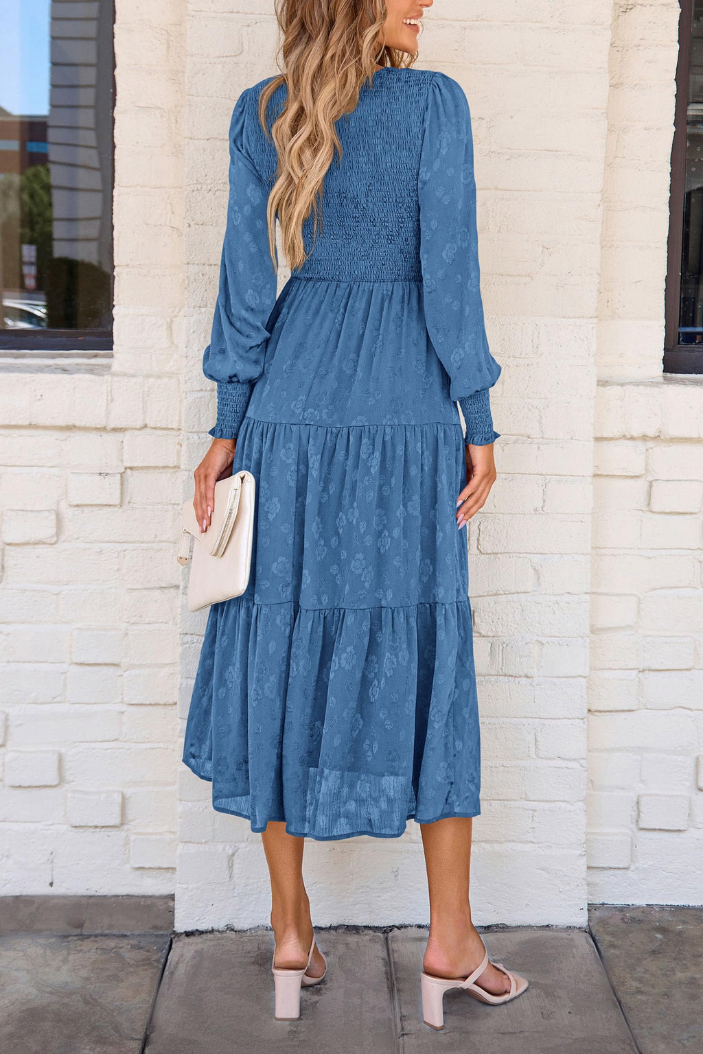 PRETTYGARDEN Women's Fall Spring Midi Dress Long Sleeve Floral Smocked Elegant Wedding Guest Long Flowy Dresses with Pockets