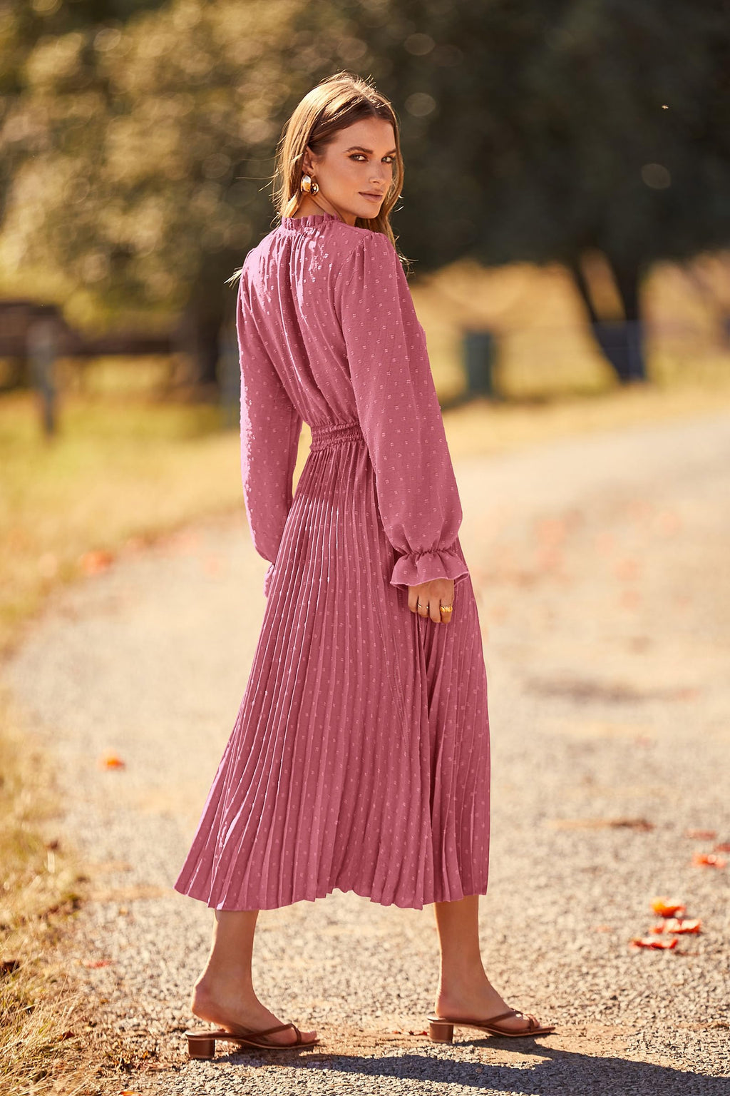 PRETTYGARDEN Women's Spring Fall Midi Dress Casual Long Sleeve V Neck Swiss Dot Pleated A Line Flowy Dresses