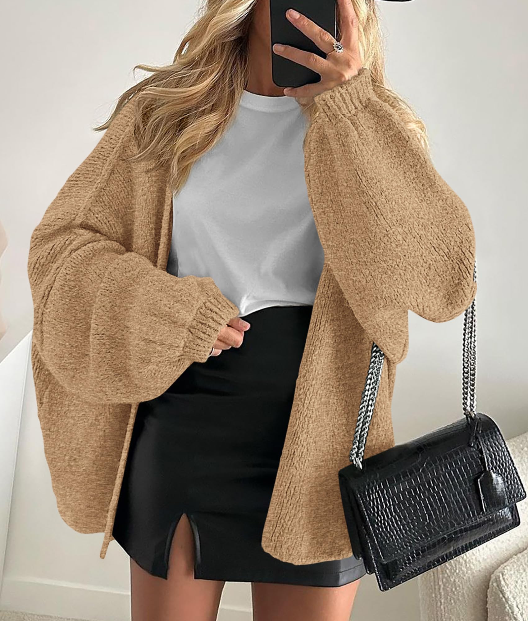 PRETTYGARDEN Womens Oversized Cardigan Sweaters Fall Long Lantern Sleeve Knit Open Front Lightweight Sweater