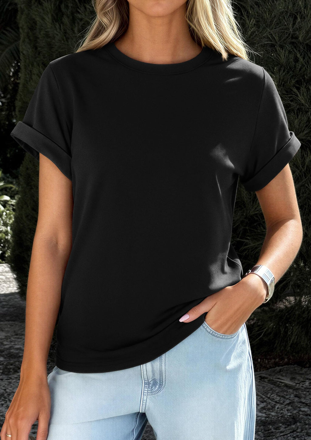 PRETTYGARDEN Womens Summer Tops Spring Casual Rolled Short Sleeve Basic Tees Crew Neck Work Shirts Fashion Clothing