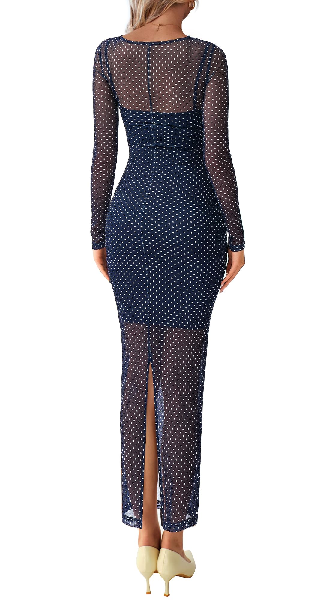 BTFBM Spring Dresses for Women 2 Piece Set Long Sleeve Polka Dot Sexy Bodycon Mesh Dress and Slip Dress Wedding