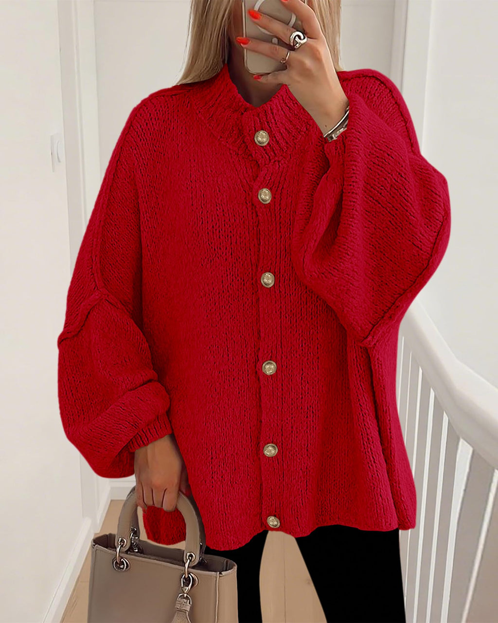 BTFBM Cardigan Sweaters for Women Fall Clothes Lantern Long Sleeve Button Open Front Chunky Knit Oversized Sweater