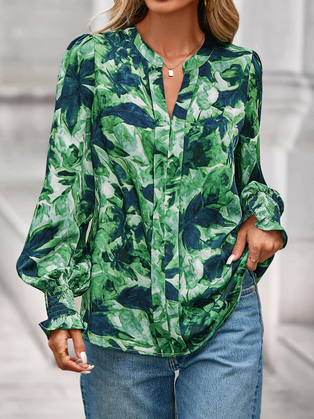 FreshPretty Womens Boho Floral Long Sleeve Tops Fall Fashion V Neck Loose Chiffon Work Blouses Dressy Casual Ruffle Shirts