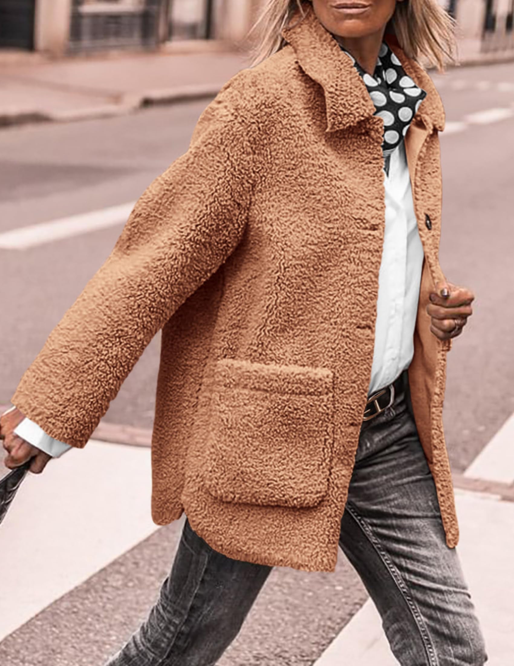 PRETTYGARDEN Women's Winter Faux Fur Coats Long Sleeve Lapel Button Down Pockets Fleece Sherpa Jacket Casual Trendy Outerwear