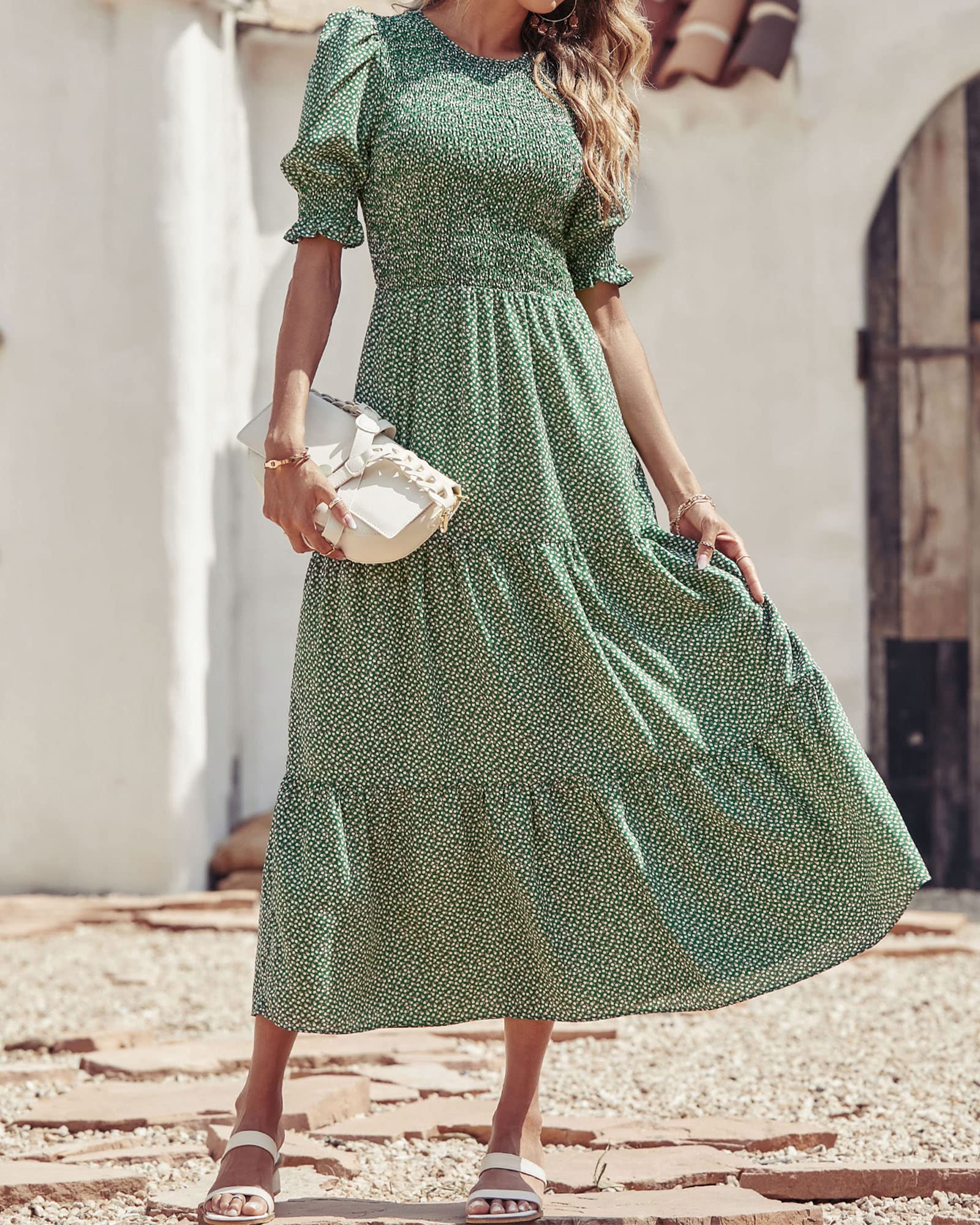 FreshPretty Women Casual Summer Dresses Spring Crew Neck Ruffle Short Sleeve Floral Print Smocked Boho Flowy Maxi Dress