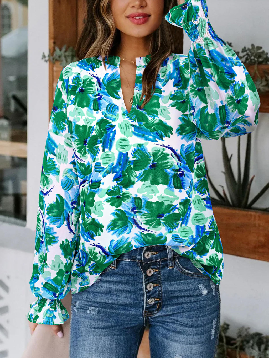 FreshPretty Womens V Neck Floral Long Sleeve Tops Summer Casual Loose Puff Sleeve Chiffon Boho Work Blouse Dressy T Shirts