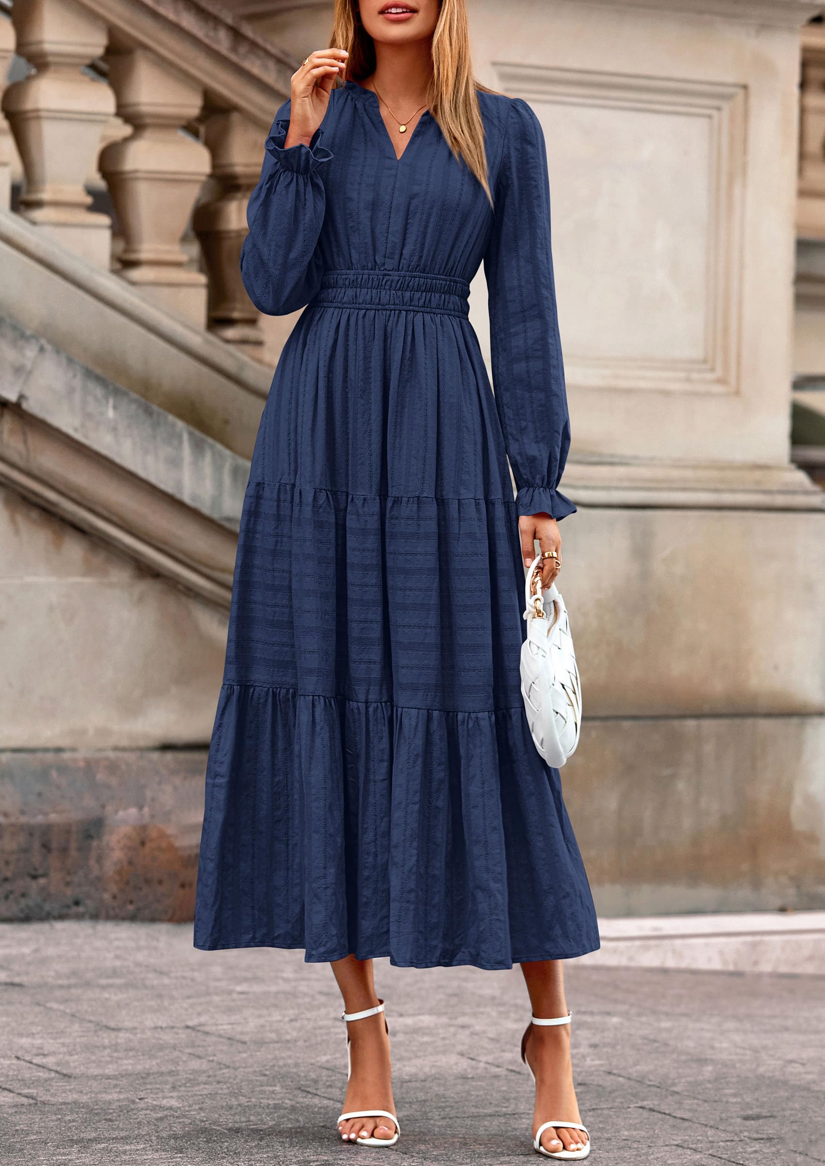 PRETTYGARDEN Women's Fall Wedding Guest Dresses Long Sleeve V Neck Flowy Elegant Holiday Party Maxi Dress with Pockets