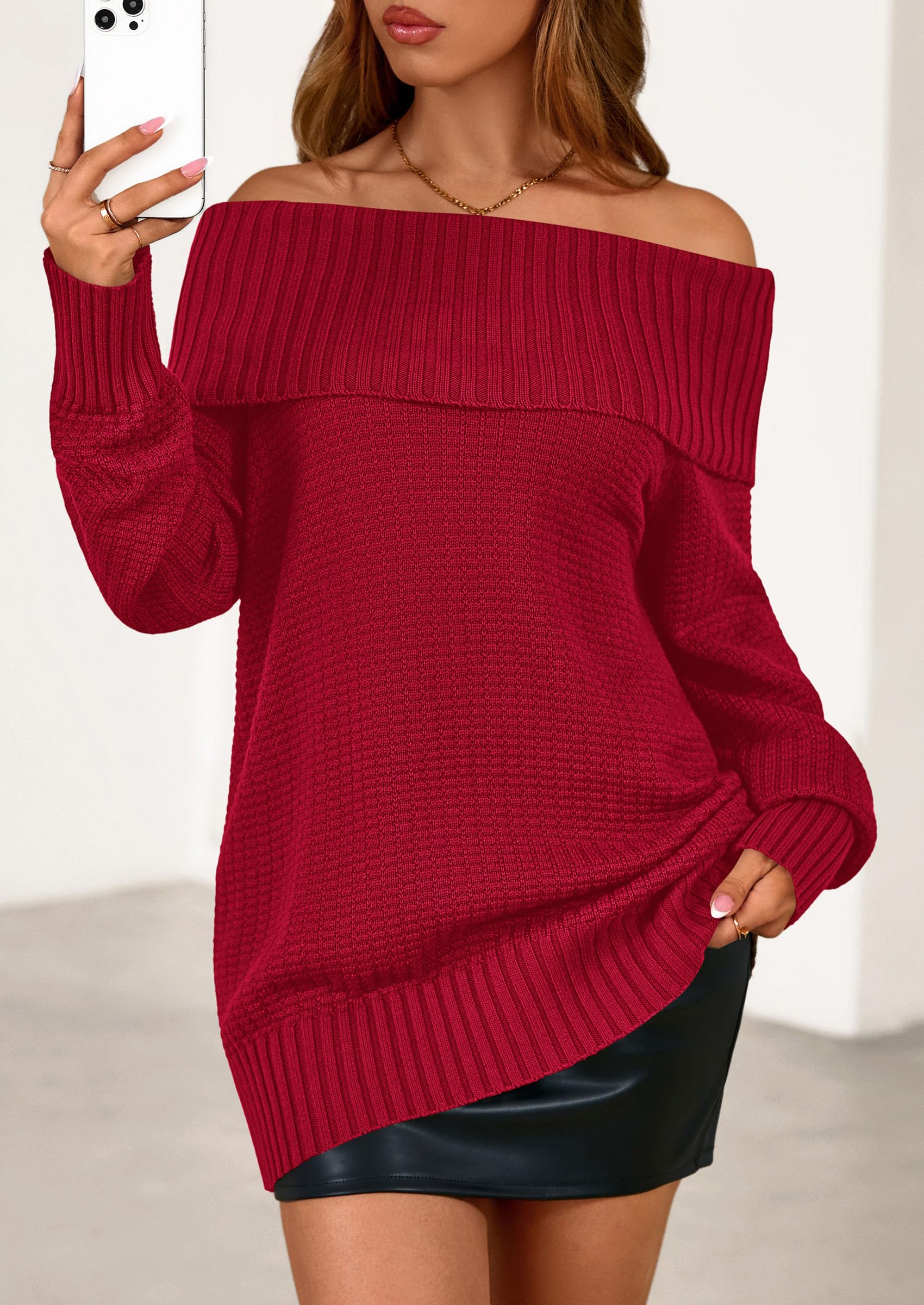 PRETTYGARDEN Womens Off The Shoulder Sweater Long Sleeve Tops Loose Knit Pullover Sweaters Fashion Fall Clothes