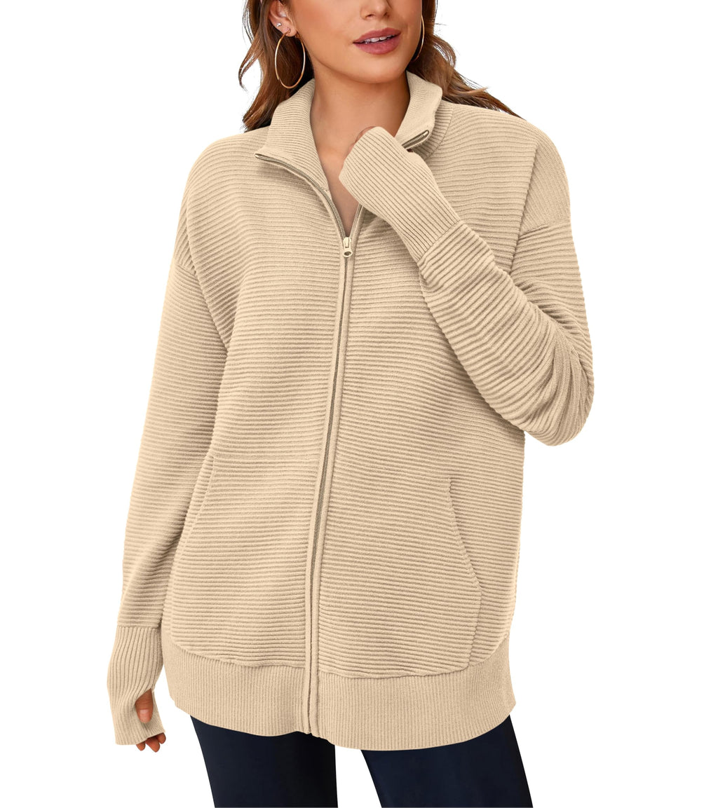 PRETTYGARDEN Womens Fall Long Sleeve Zip Up Cardigan Sweaters Casual Loose Collared Ribbed Knit Tops Jackets Thumb Hole