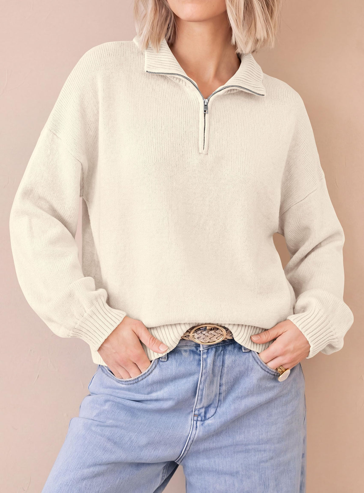 PRETTYGARDEN Women's Quarter Zip Pullover Oversized Sweaters Collared Neck, Long Balloon Sleeve, Jumper Tops, Soft Cozy Knit, Ribbed Hem, Loose Fit, Fall Outfits, Winter Fashion Clothing
