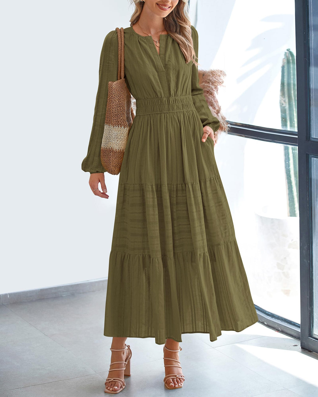 FreshPretty Fall Dresses for Women Casual Long Sleeve V Neck Elastic Waist Lightweight Maxi Wedding Guest Dress Pockets