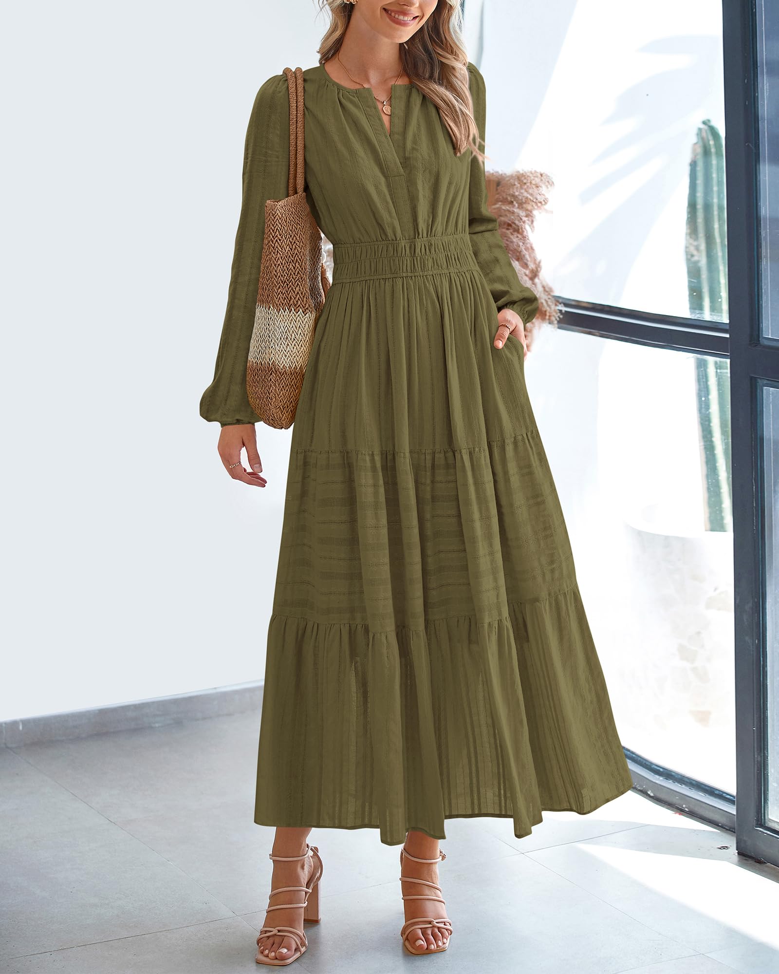 FreshPretty Fall Dresses for Women Casual Long Sleeve V Neck Elastic Waist Lightweight Maxi Wedding Guest Dress Pockets