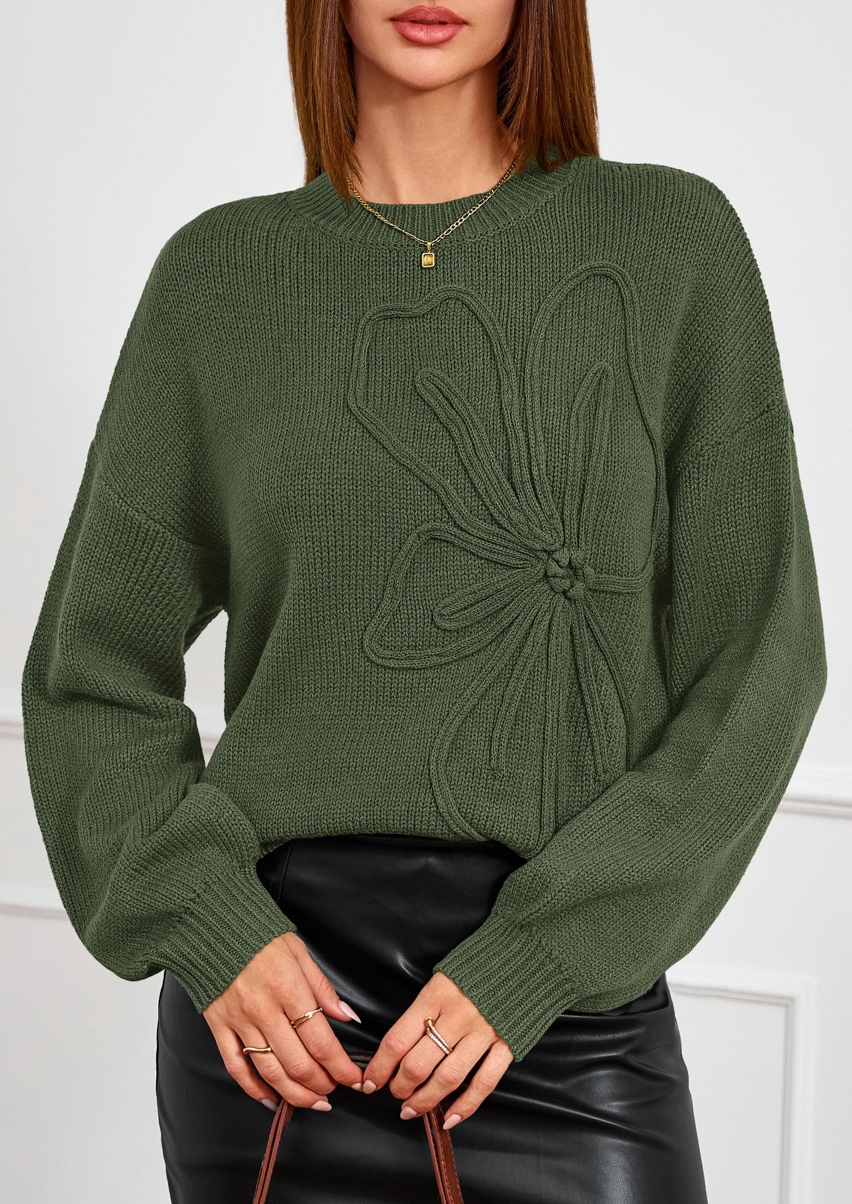 PRETTYGARDEN Womens Sweaters  Fall Fashion Long Sleeve Crewneck Floral Knit Pullover Sweater Tops Winter Clothes
