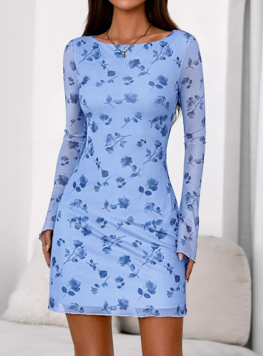 PRETTYGARDEN Women's Fall Fashion Floral Long Sleeve Mini Dress Mesh Bodycon Short Party Date Night Going Out Dresses
