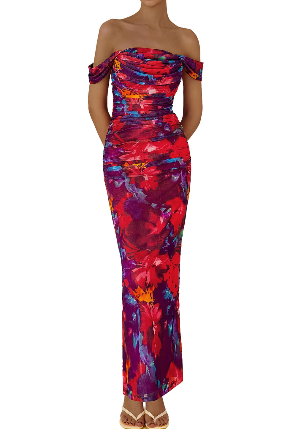 PRETTYGARDEN Cocktail Dresses for Women Summer Floral Off Shoulder Ruched Mesh Elegant Wedding Guest Maxi Dress