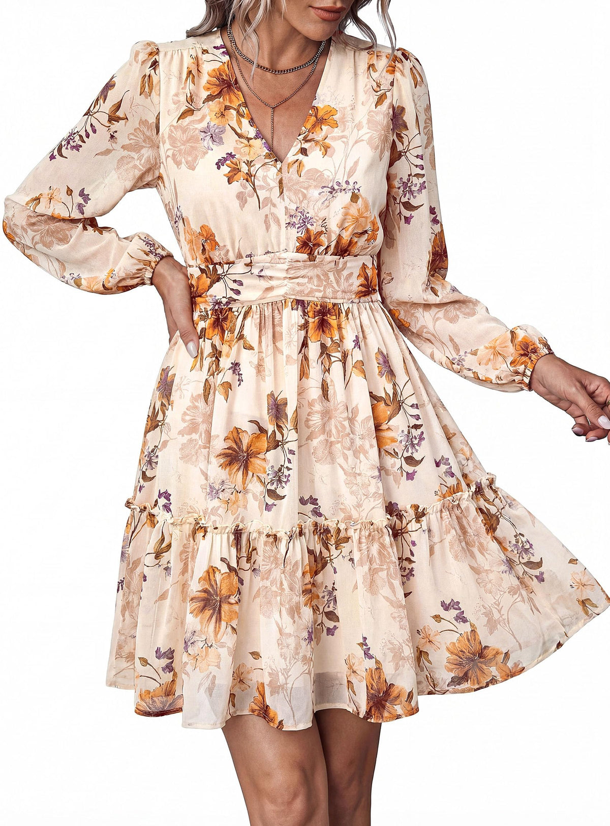 PRETTYGARDEN Women Floral Long Sleeve Mini Dress | Fall Wedding Guest Dresses, V Neck, Fit & Flare, Ruffle Hem A-Line, Short Chiffon Dress, Elegant Holiday Party, Date Outfits