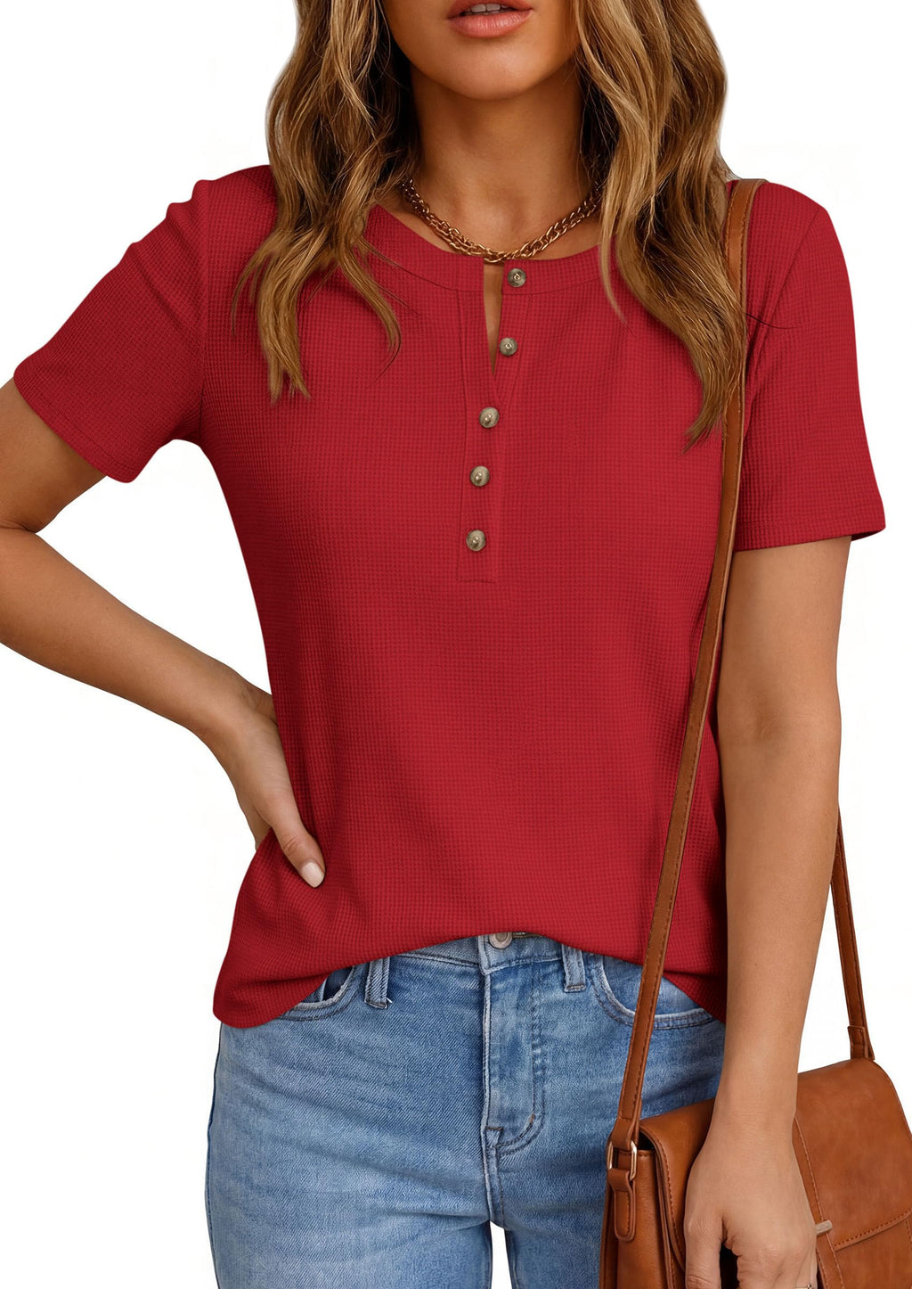 PRETTYGARDEN Waffle Knit Tops for Women Short Sleeve Henley Shirts  Summer Blouses Dressy Casual Spring Fashion Clothes
