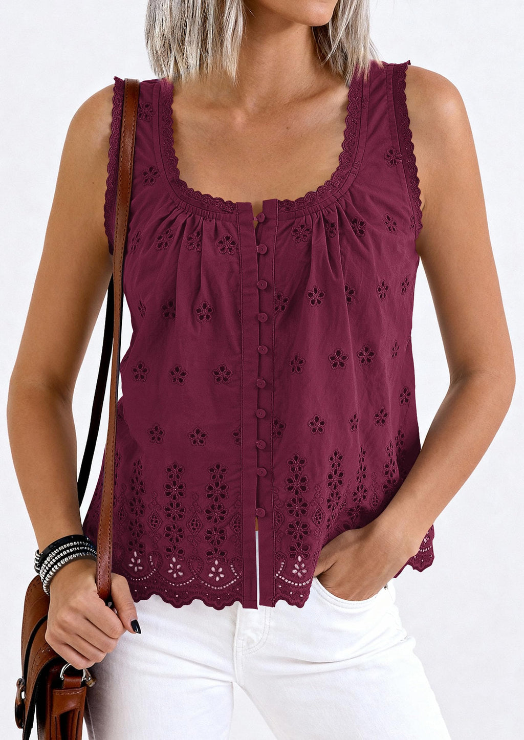 PRETTYGARDEN Womens Tank Tops 2026 Summer Button Down Shirts Embroidered Eyelet Dressy Casual Blouses Beach Vacation Clothes