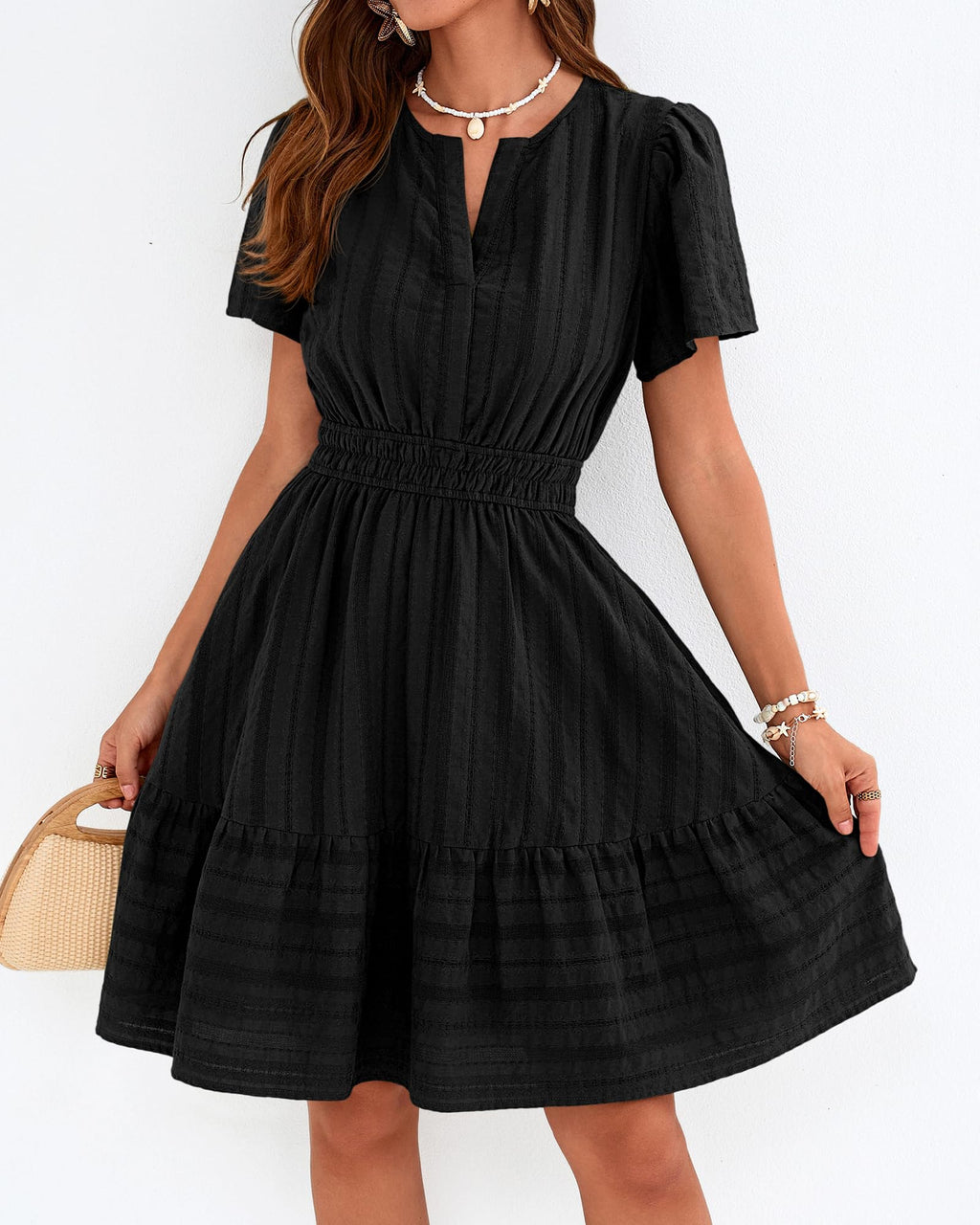 BTFBM Womens Spring  Casual Mini Dresses Lightweight Short Sleeve V Neck Elastic Waist Cute Boho Beach Dress Pockets