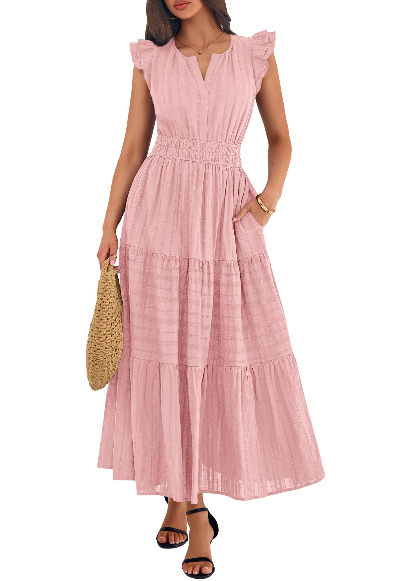 BTFBM Womens Summer Maxi Dress  Spring Boho Vacation Ruffle Flutter Short Sleeve A Line Tiered Flowy Dresses Pockets