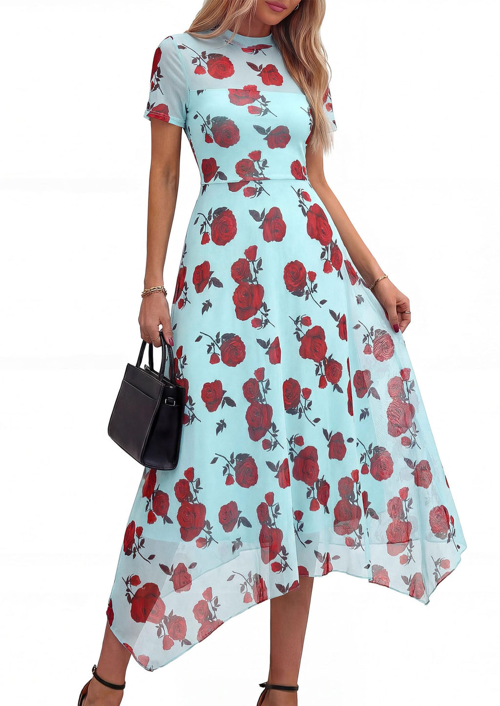 PRETTYGARDEN Cocktail Dresses for Women  Summer Short Sleeve Floral Mesh Sheer Midi Party Wedding Guest Dress
