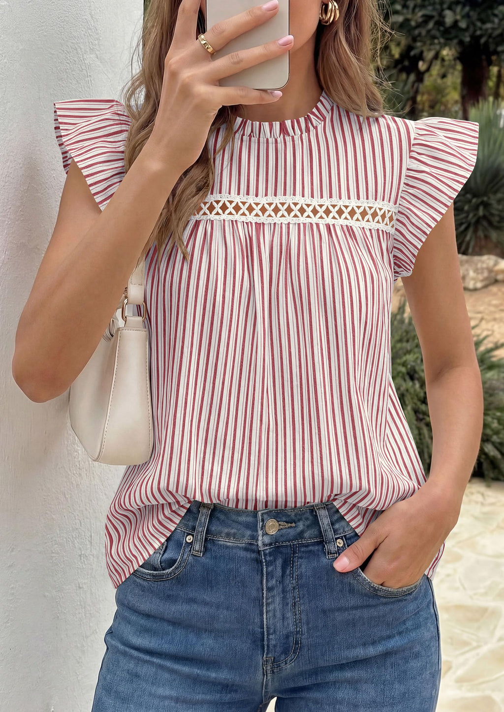 PRETTYGARDEN Striped Shirt Womens Summer Tops  Spring Business Casual Work Dressy Crochet Lace Ruffle Cap Sleeve Blouse