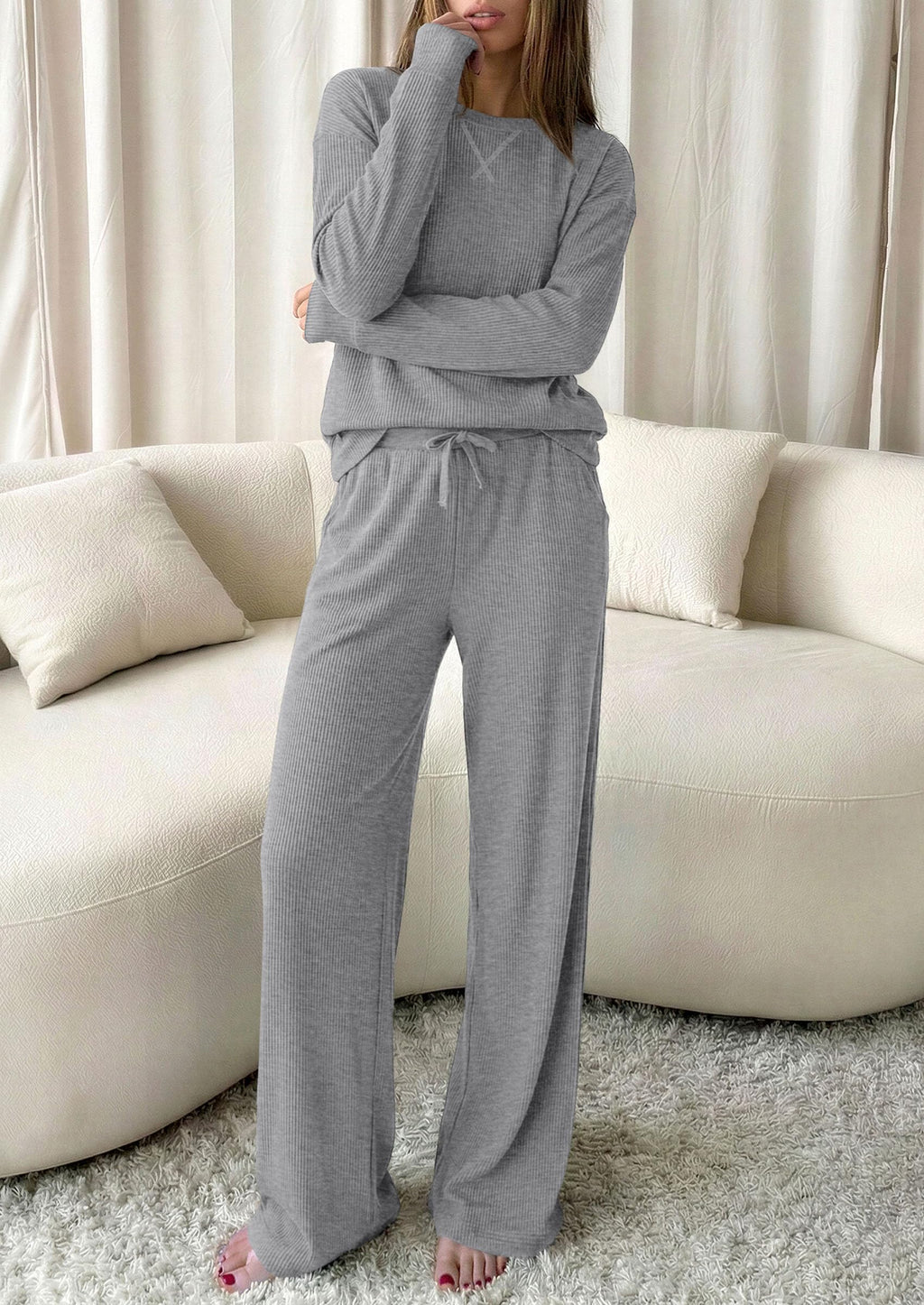 PRETTYGARDEN Sweatsuits Women 2 Piece Airport Travel Outfits | Ribbed Knit Lounge Sets, Casual Athleisure Wear, Matching Long Sleeve Shirts & Wide Leg Pants Pockets, Fall Winter Clothes