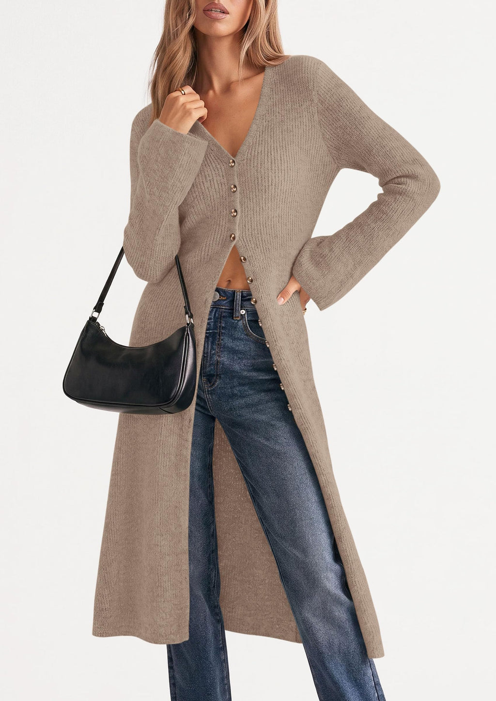 PRETTYGARDEN Women Long Cardigan Bell Sleeve Sweater Dress Early Fall Fashion, V Neck Button Down Coats, Fit and Flare, Duster Sweater, Acrylic Cotton Blend