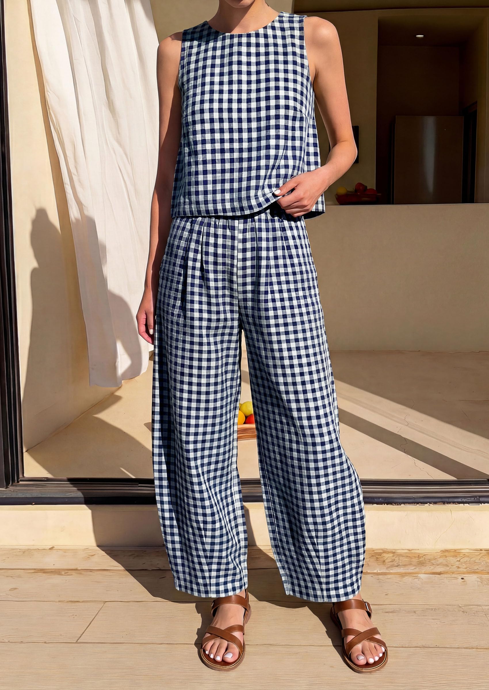 PRETTYGARDEN Womens 2 Piece Sets Summer Plaid Sleeveless Tops Wide Leg Pants Matching Lounge Set Beach Vacation Outfits