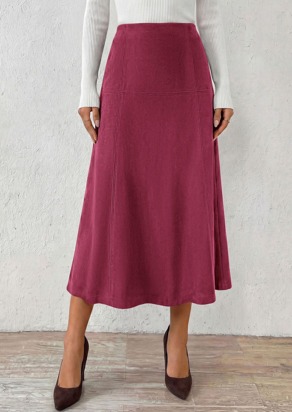 PRETTYGARDEN Womens High Waist Faux Suede A Line Midi Skirt | Hidden Stretch Elastic Waist, Front Back Panel Stitching, Vintage Elegant Mid-Calf Long Skirts for Fall Winter Office Daily