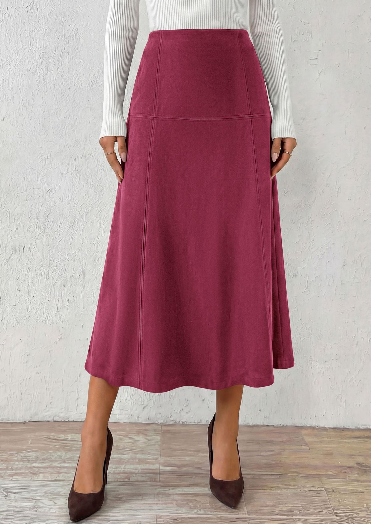 PRETTYGARDEN Womens High Waist Faux Suede A Line Midi Skirt | Hidden Stretch Elastic Waist, Front Back Panel Stitching, Vintage Elegant Mid-Calf Long Skirts for Fall Winter Office Daily