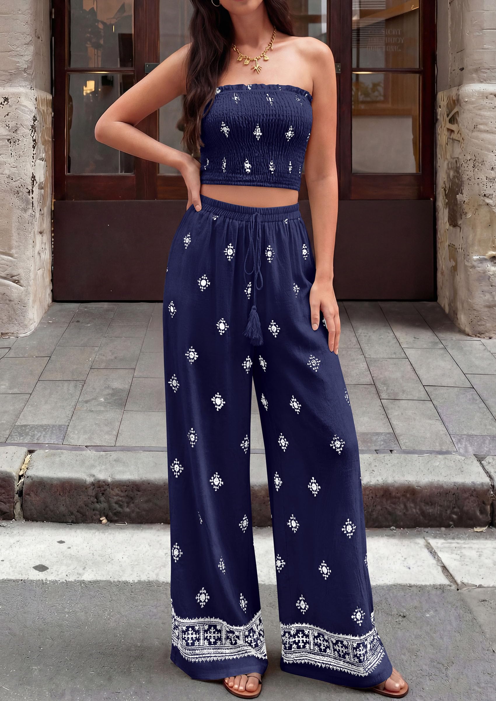 PRETTYGARDEN 2 Piece Sets for Women Summer  Travel Outfits Print Tube Tops Wide Leg Pants Beach Vacation Clothes
