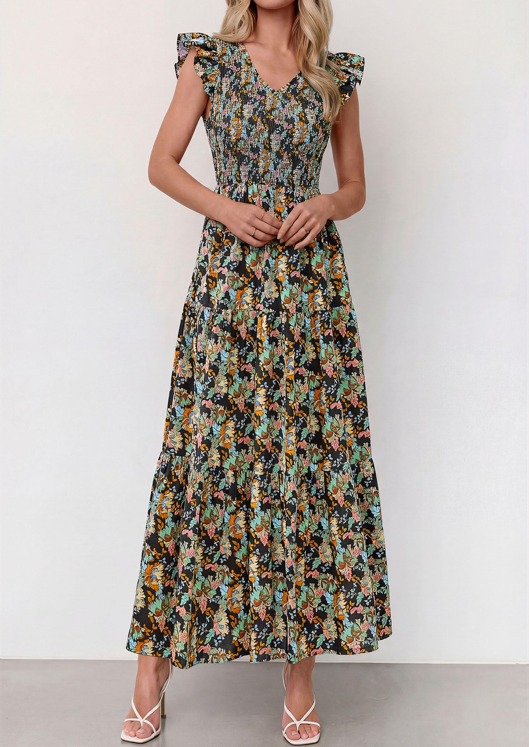 PRETTYGARDEN Women's Boho Floral Maxi Dress Summer Smocked V Neck Ruffle Sleeve Spring Flowy Beach Vacation Sundresses