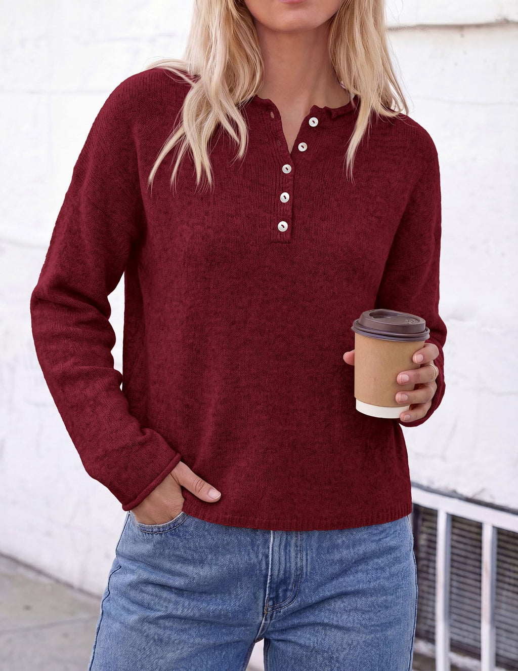 PRETTYGARDEN Women's Fall Button Up Cozy Pullover Sweaters | Stretchy Soft Knit, Drop Shoulder Long Sleeve Tops, Henley Crewneck Rolled Edge, Dressy Casual Blouses, Trendy Winter Clothes